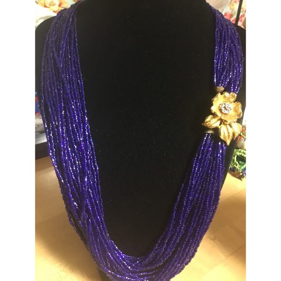 Valjean Vintage Iridescent Cobalt Blue Micro seed bead multistrand long necklace - Picture 3 of 10